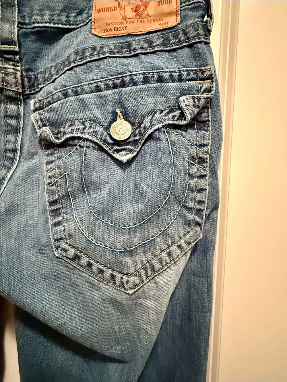 True Religion Men’s Blue Bootcut Jeans with Signature Back Pockets